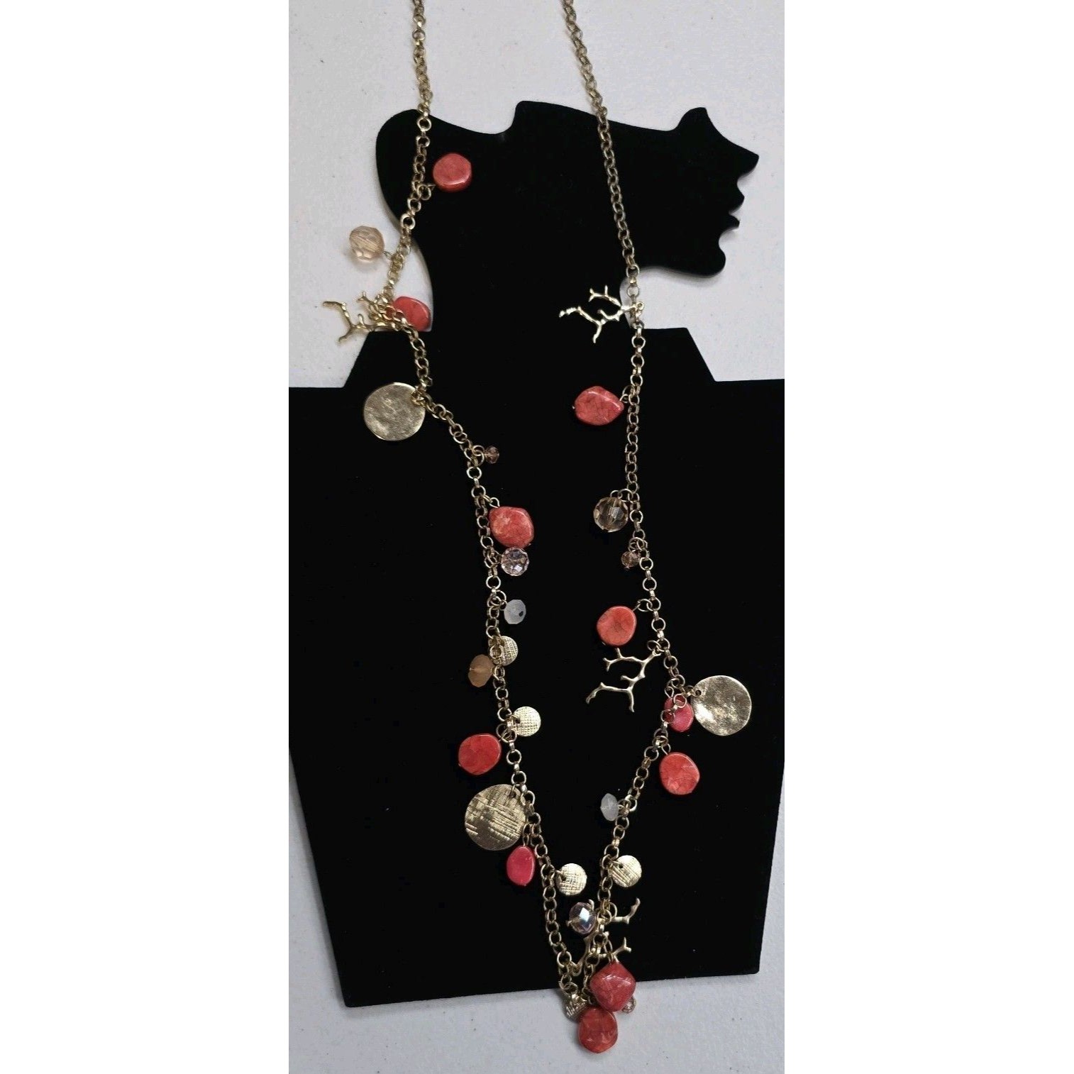 Women's Gold Tone Long Chain Necklace Coral Orange Beads Costume Jewelry